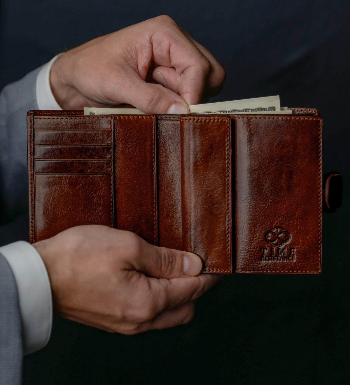 Leren bifold portemonnee met drukknoop - Ironweed