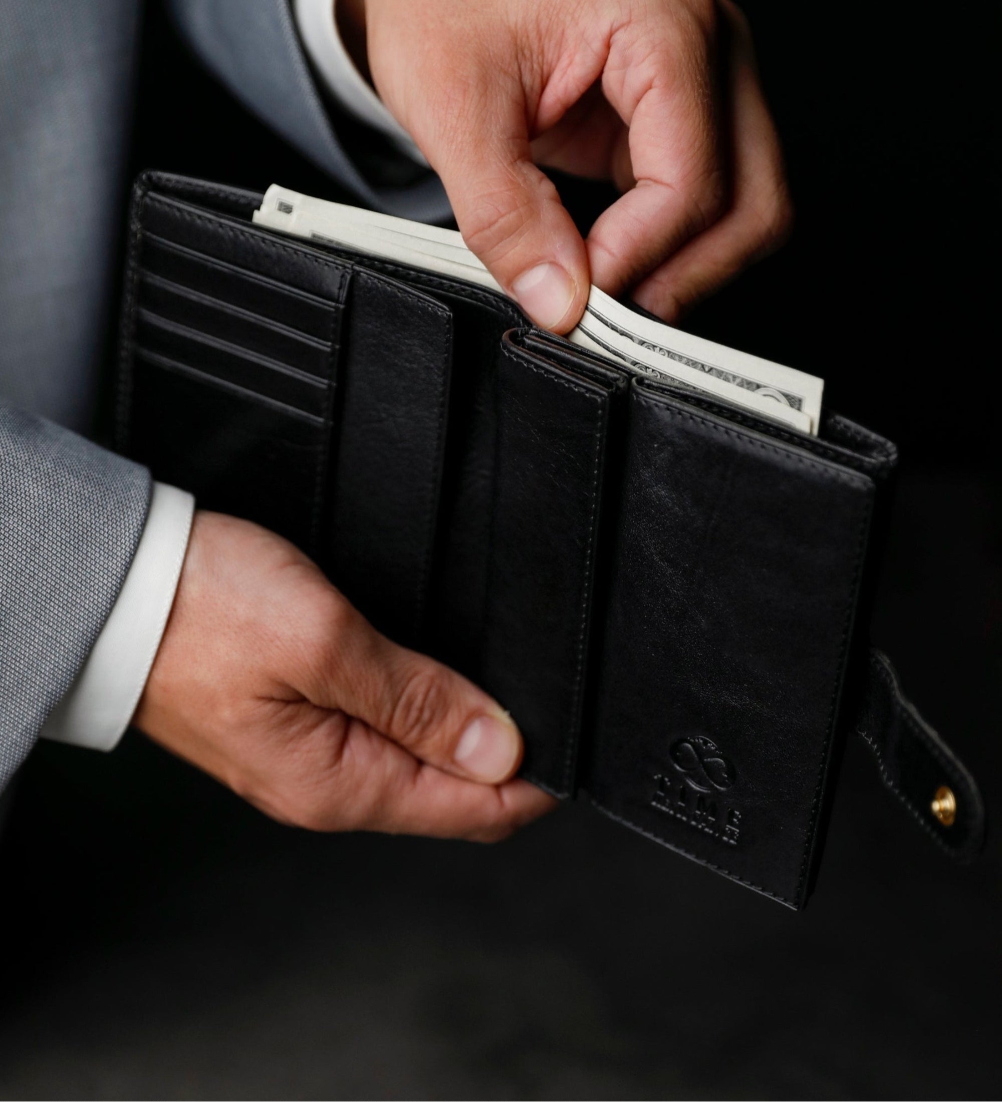Leren bifold portemonnee met drukknoop - Ironweed