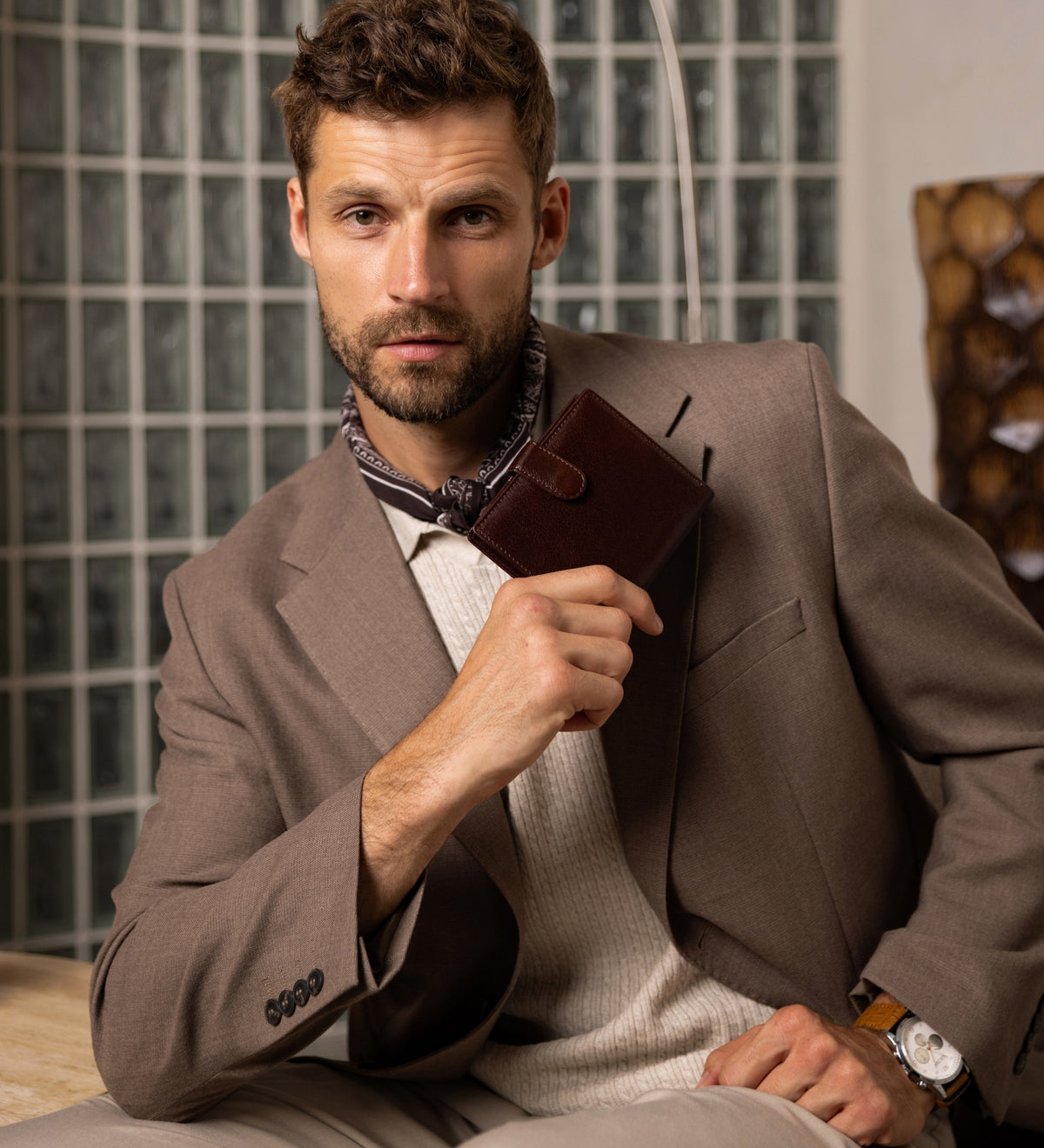 Leren bifold portemonnee met drukknoop - Ironweed