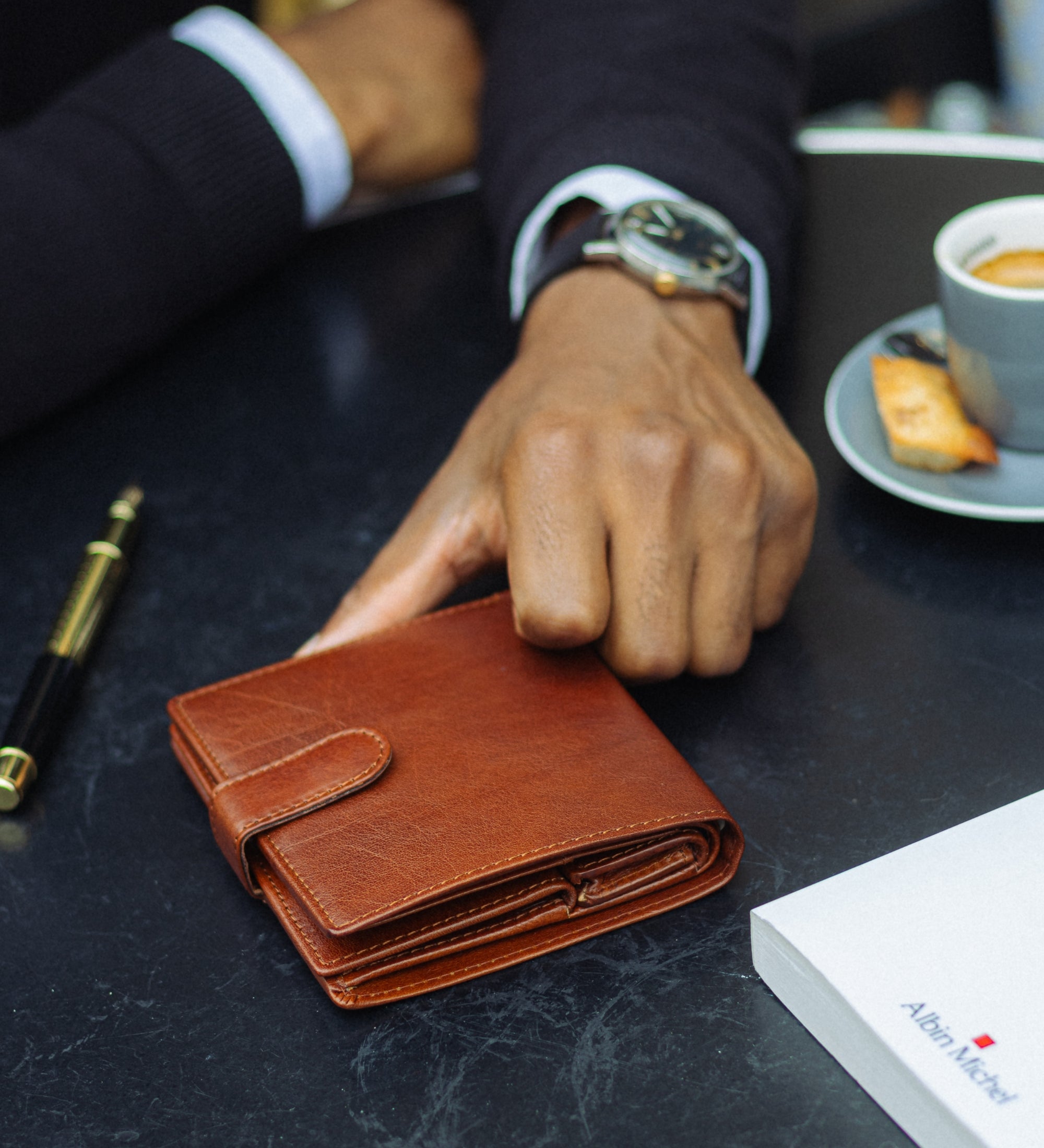 Leren bifold portemonnee met drukknoop - Ironweed