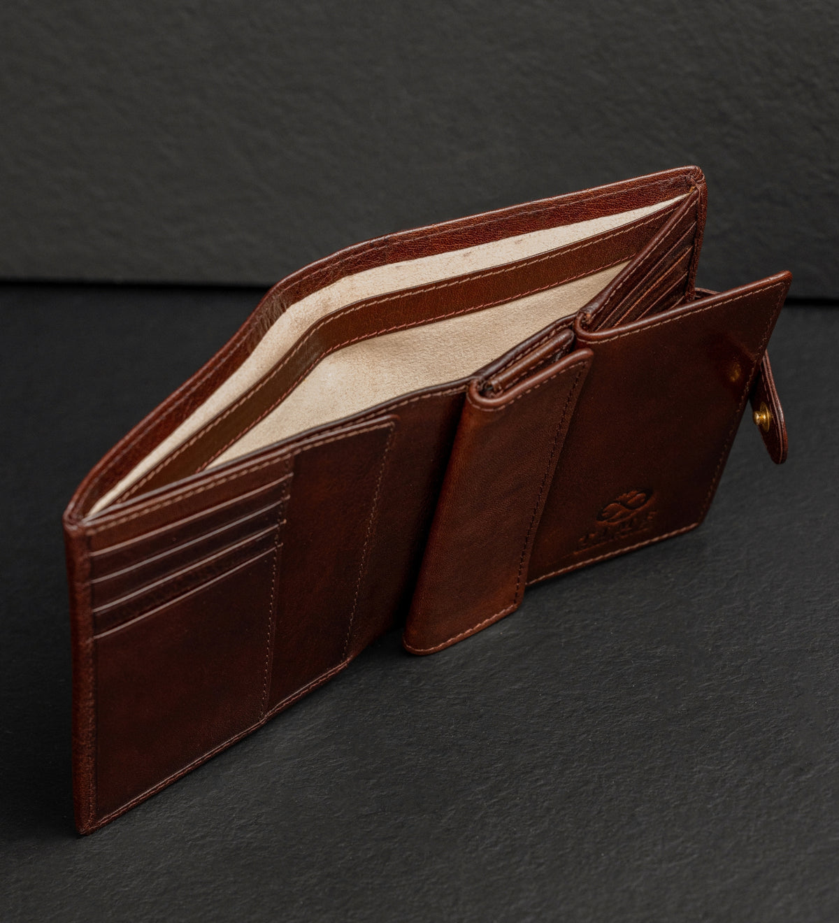 Leren bifold portemonnee met drukknoop - Ironweed
