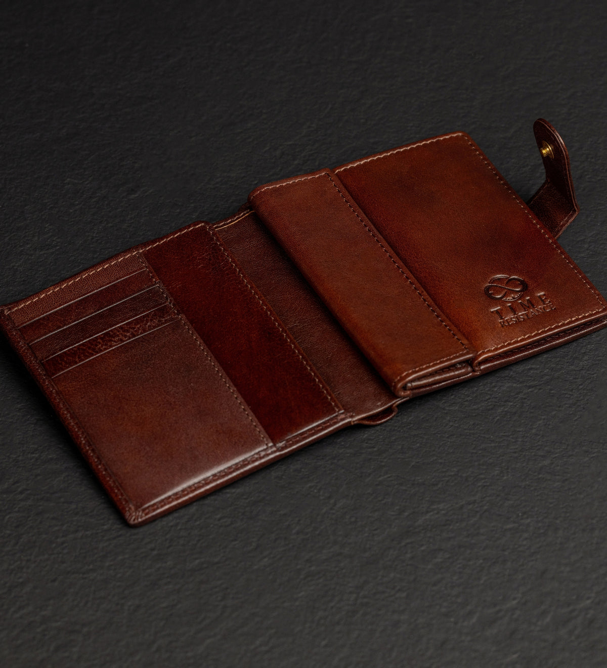 Leren bifold portemonnee met drukknoop - Ironweed