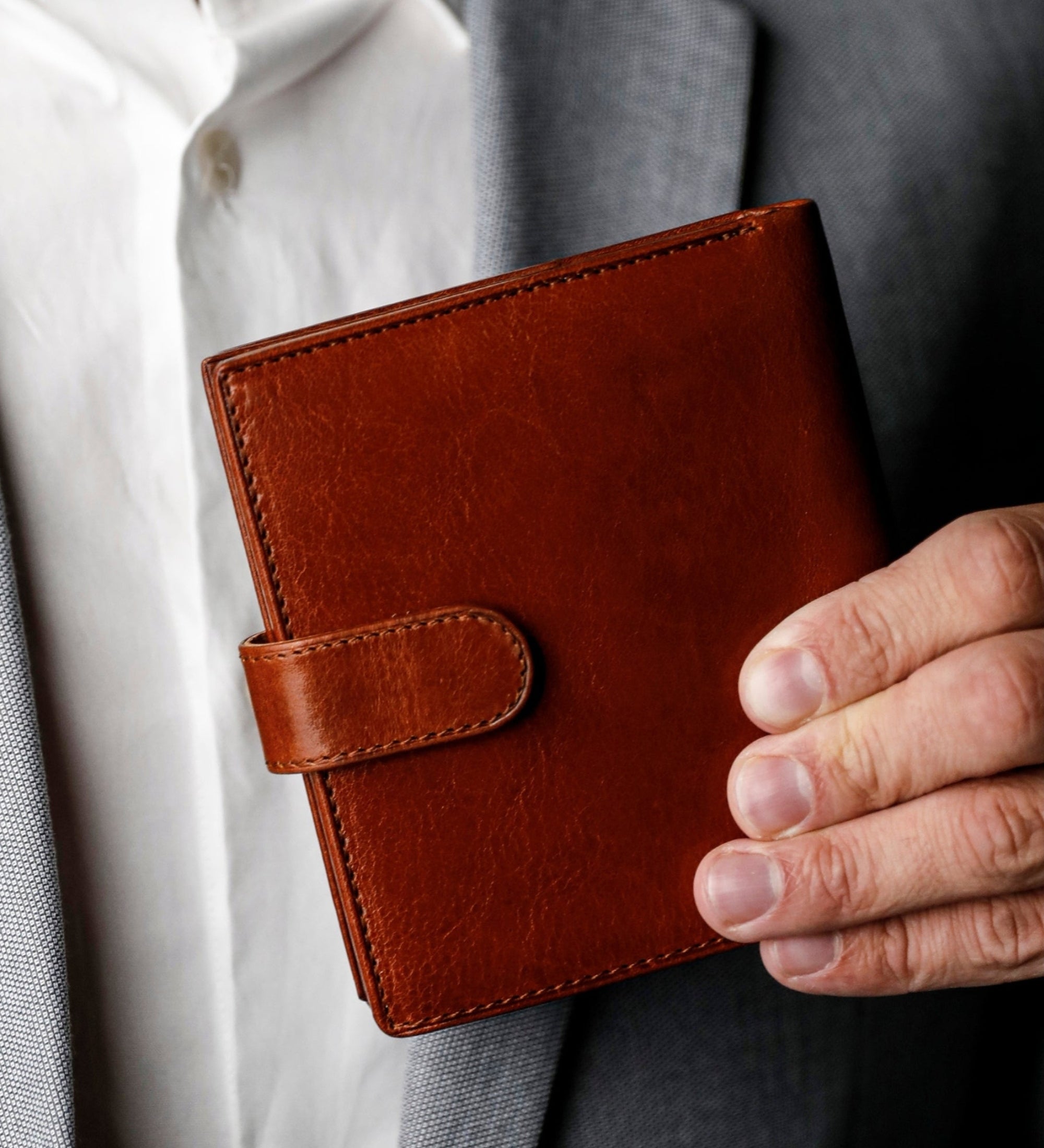 Leren bifold portemonnee met drukknoop - Ironweed