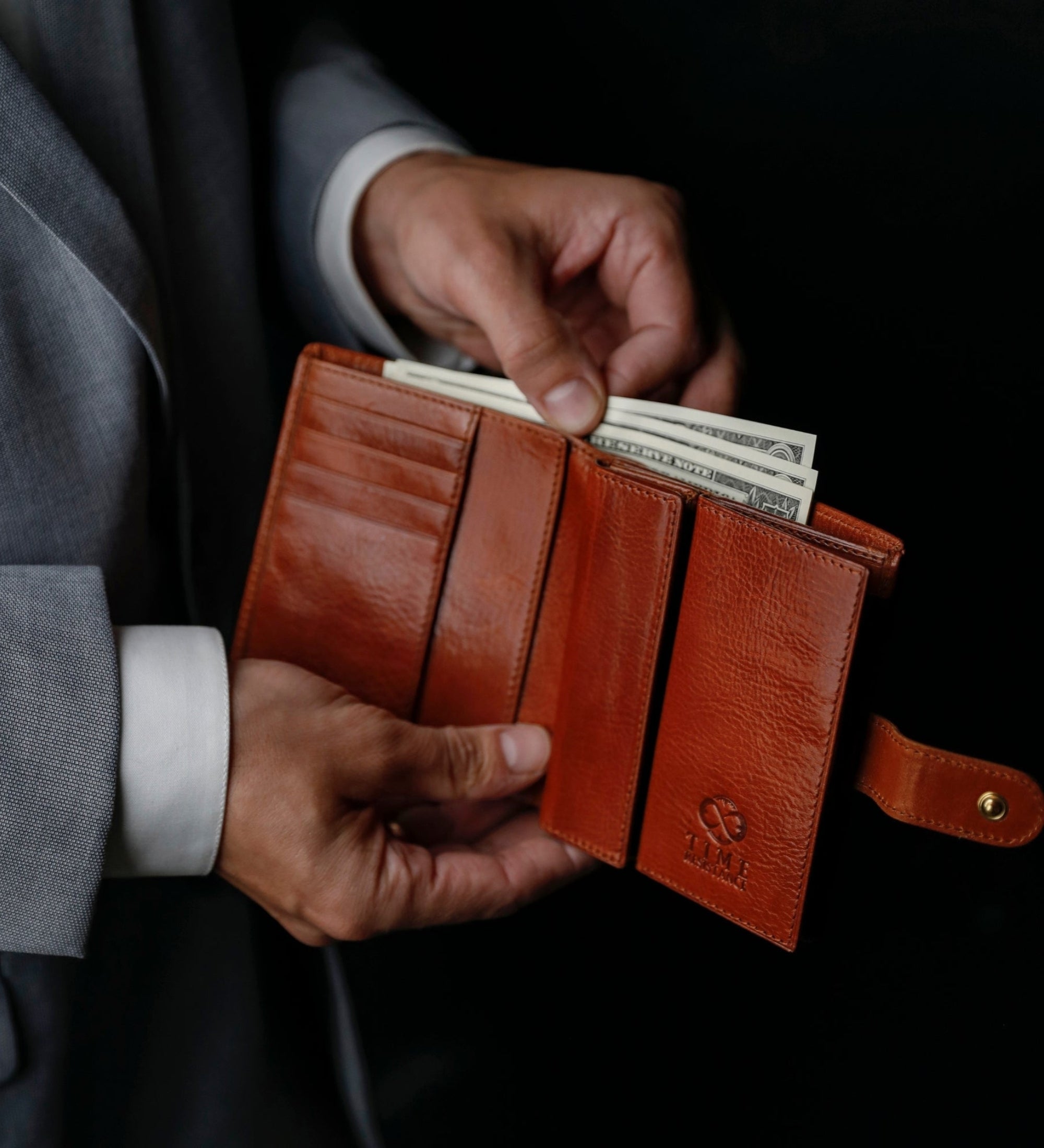 Leren bifold portemonnee met drukknoop - Ironweed