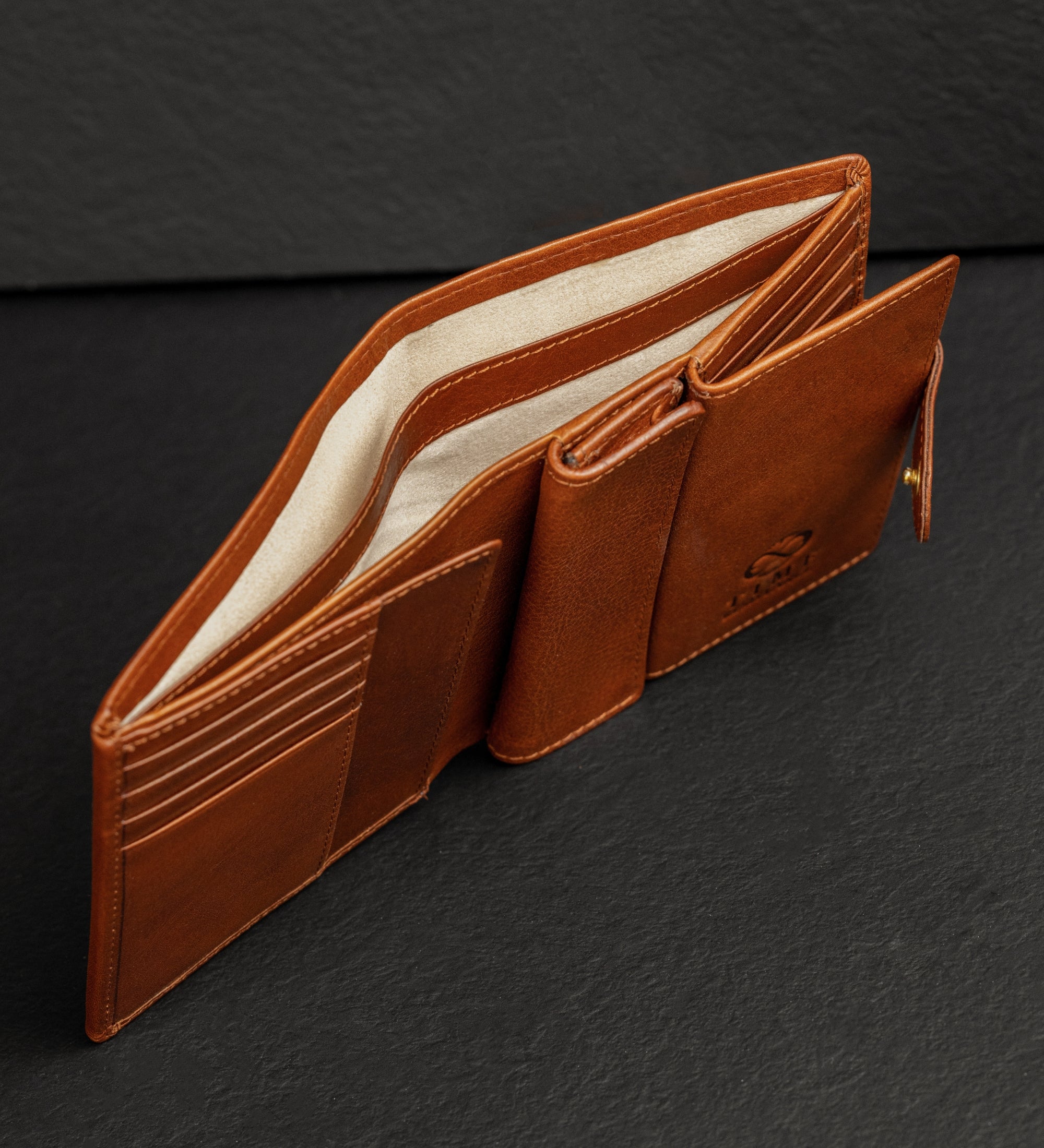 Leren bifold portemonnee met drukknoop - Ironweed