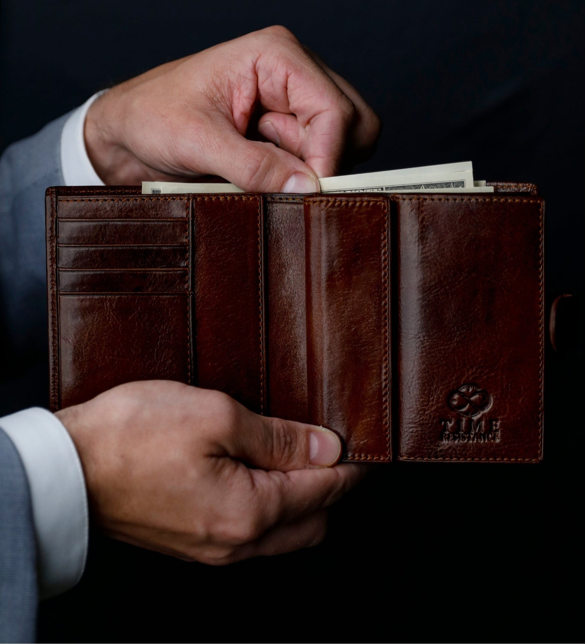 Leren bifold portemonnee met drukknoop - Ironweed