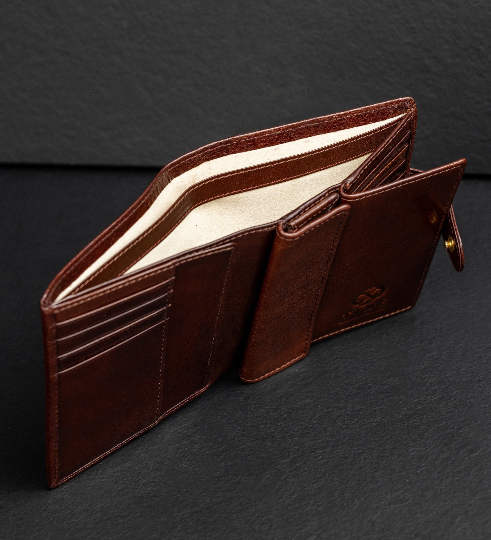 Leren bifold portemonnee met drukknoop - Ironweed