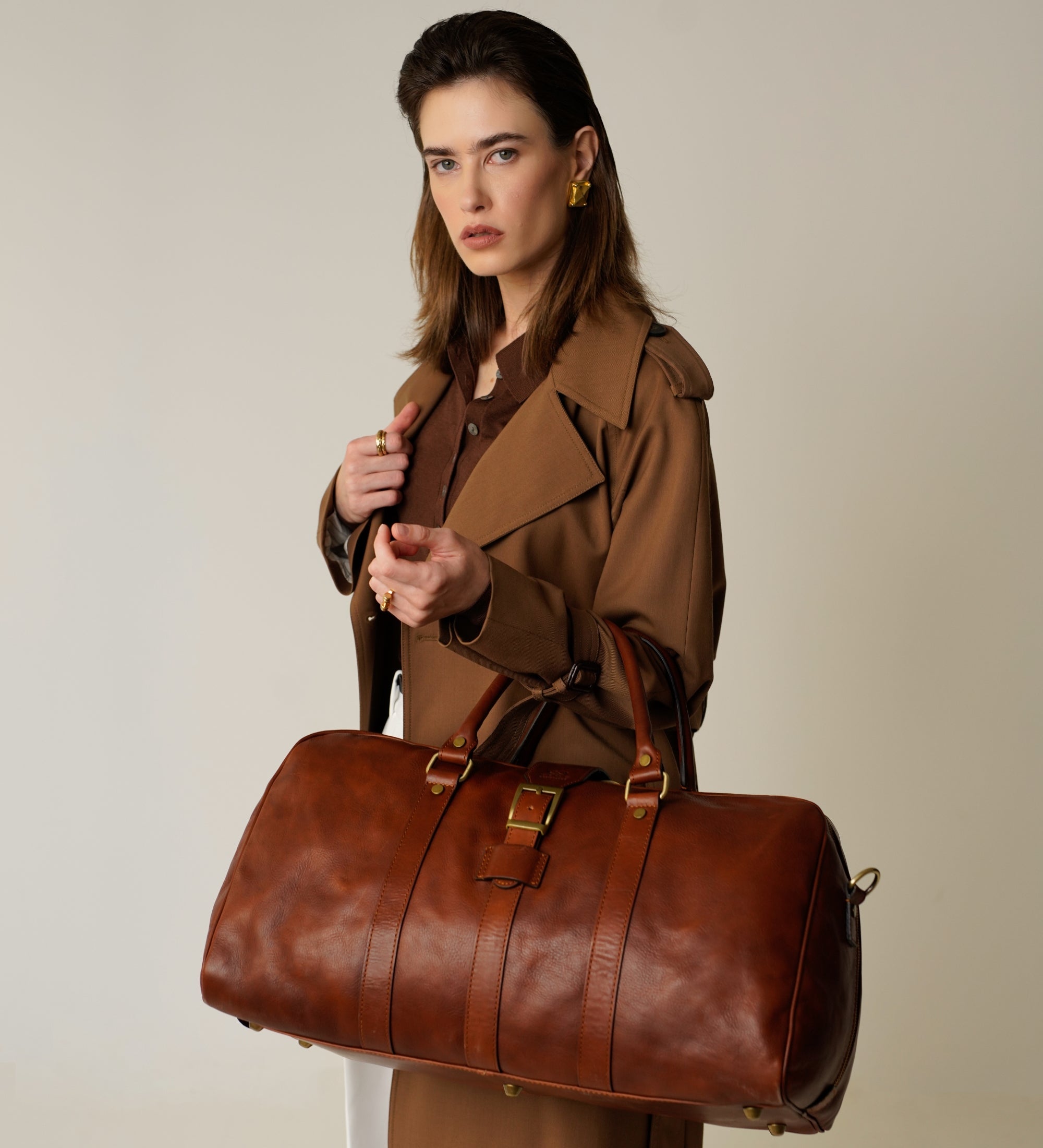 Cognacbruine mat leren reistas voor dames - Tender Is the Night